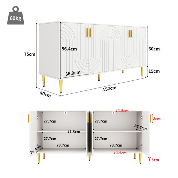 UK Only - White Sideboard 152 X 40 X 75 Cm With Unique Wave Design And Golden Handles And Feet, Creating An Elegant Dining Area