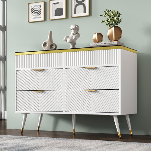 UK Only - Sideboard Cabinet Dresser With 6 Drawers,Amber Glass Chest Of Drawers, Compartmentalised Storage,Anti-tip,Dressing Table For Living Room, Hallway, Bedroom, And Children's Room, 120 X 40 X 76 Cm, White